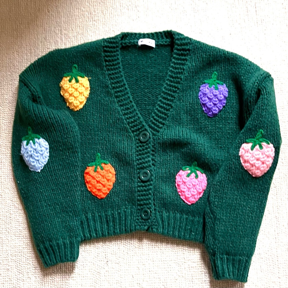 Vernacular Womens Green Knit Cardigan with Knit 3D Strawberries Fruit